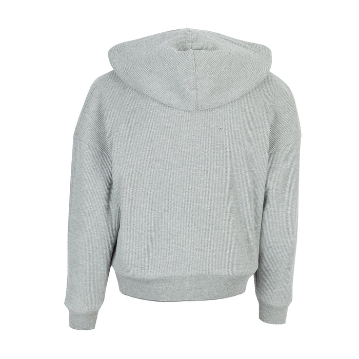 Youth reversible thermal hoodie, heather gray back view with hood and ribbed cuffs