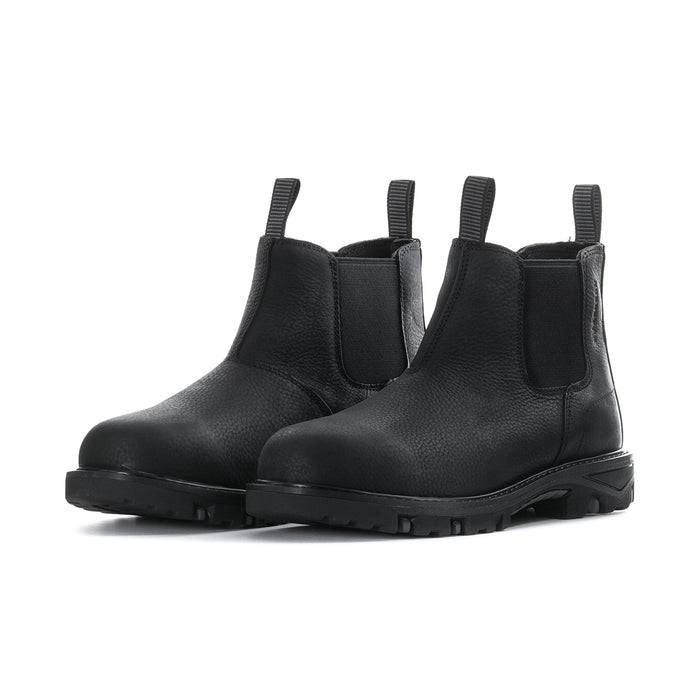 Black men’s Chelsea boots, pair view, elastic gore and chunky tread sole.