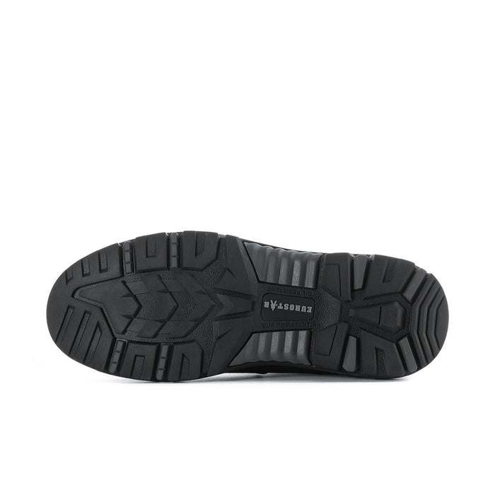 Black rubber boot outsole with deep traction blocks and brand label.