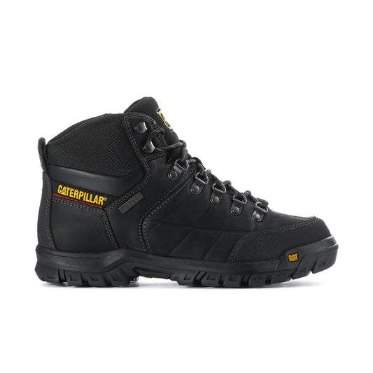 Black men’s high-top work boot with lace-up front and CAT logo badge