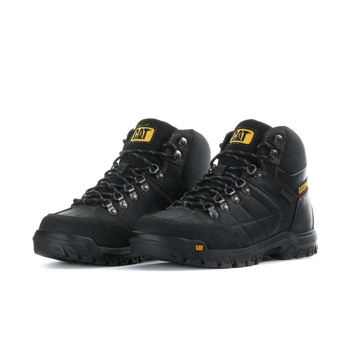 Pair of black men’s high-top work boots with lace-up closure and tread sole