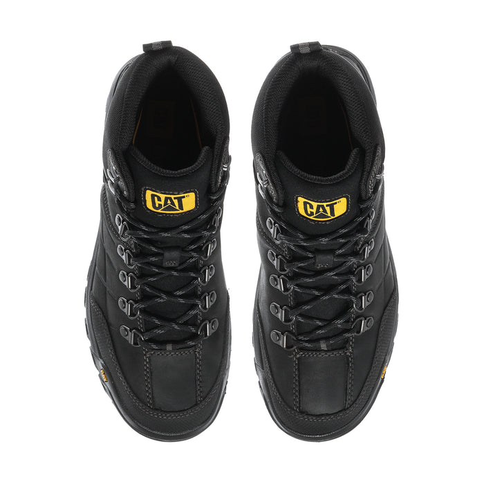 Black men’s work boots, front view with lace-up eyelets and CAT side logos