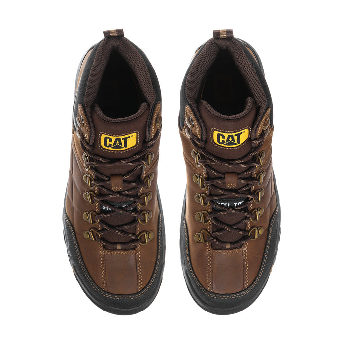 Men's brown and black lace-up work boots, front view with CAT tongue labels and laces