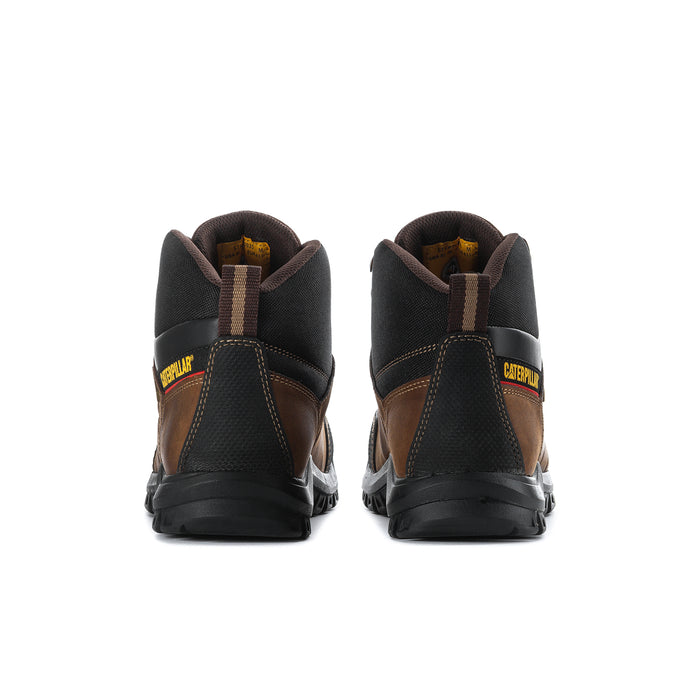 Men's brown and black work boots, rear view with padded heel and CAT side branding