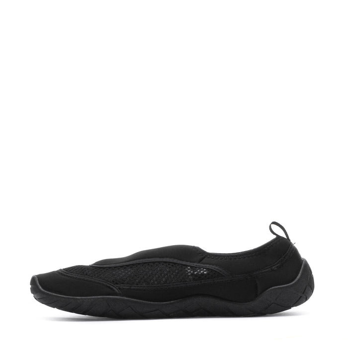 Black slip-on water shoe with rounded toe and mesh upper