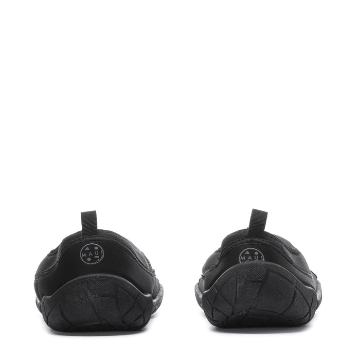 Back view of two black slip-on water shoes, loop pull tabs