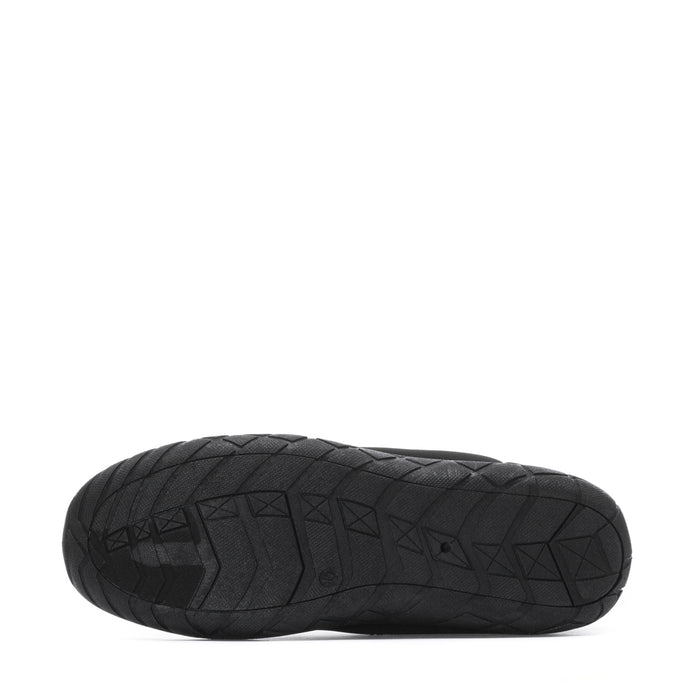 Black outsole of slip-on water shoe with geometric traction tread