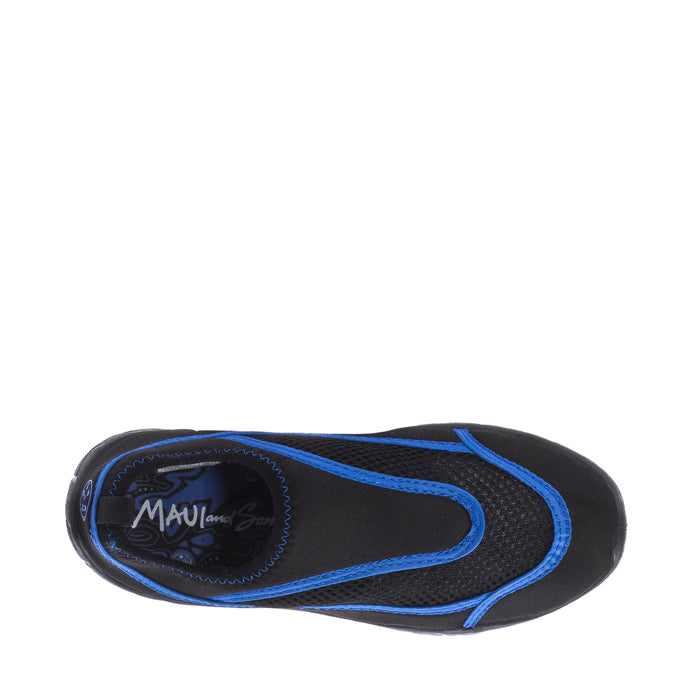Youth water shoe with blue-trimmed band and MAUI logo on black mesh upper