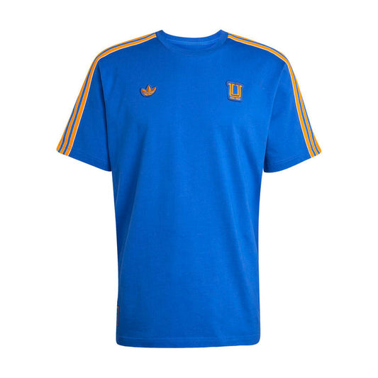Men's blue crew-neck T-shirt with yellow shoulder stripes and small chest logos