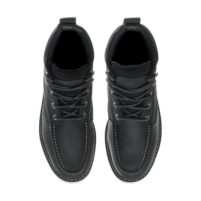 Men's black lace-up boots showing interior lining and stitched eyelet detail