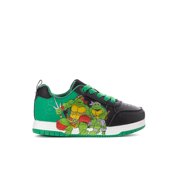 Kids TMNT court sneakers in black with green accents and character graphic