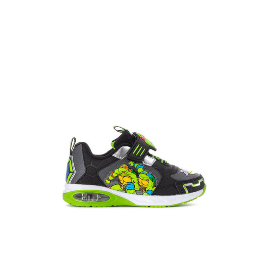Toddler light-up sneakers, black with neon green accents and multicolor character graphic
