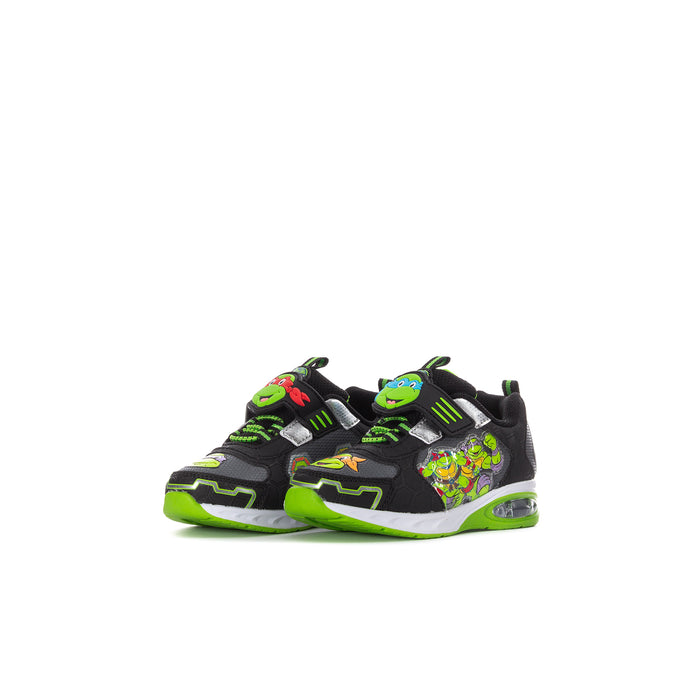 Toddler light-up sneakers, black with neon green trim, side character print and straps