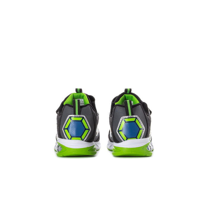Toddler light-up sneakers, black uppers with neon green heel and white tread sole