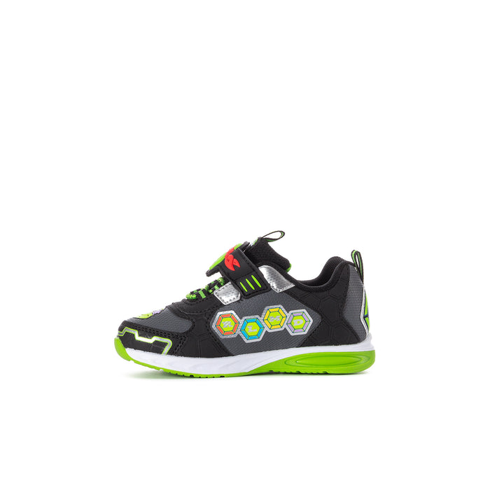 Toddler light-up sneakers, black with neon green-and-white side detailing and character patch
