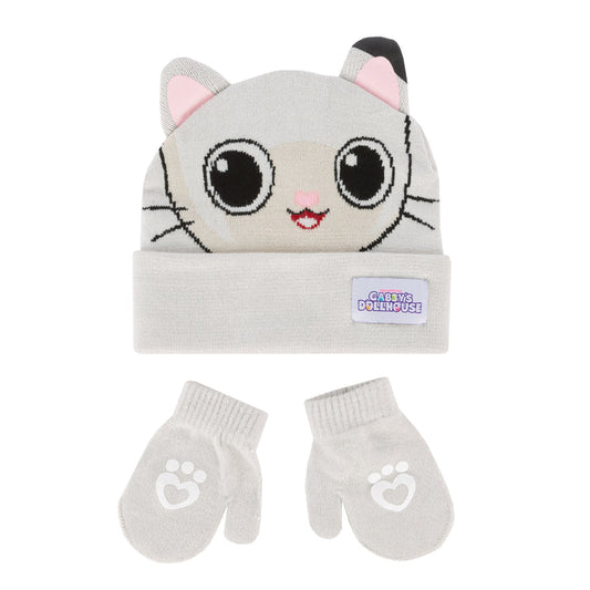 Toddler cream beanie and mitten set with cat face and paw prints