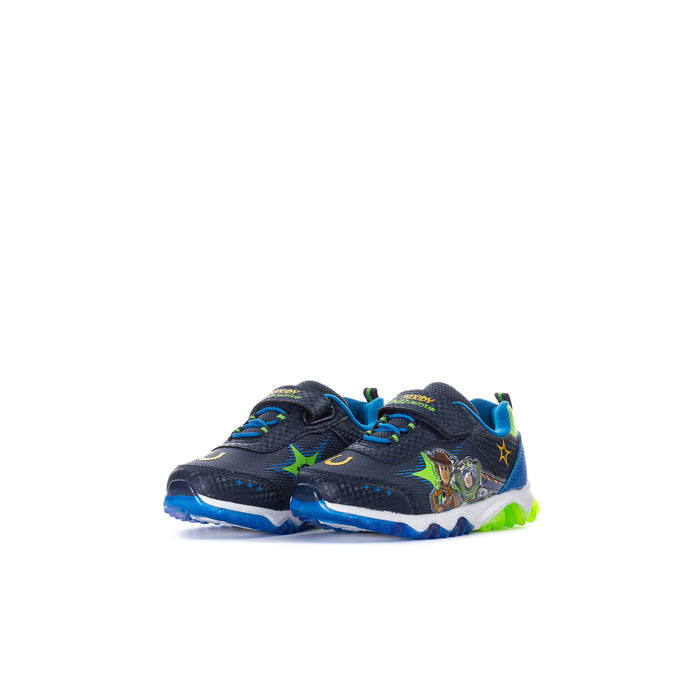 Toddler sneakers with dark navy panels, bright blue accents, star print, and character graphic