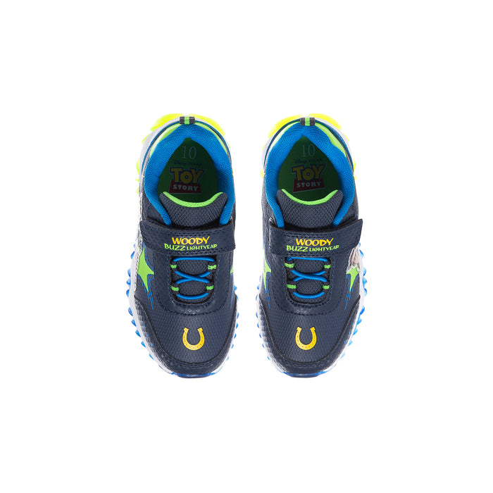 Toddler sneakers with Toy Story tongue labels: Woody and Buzz Lightyear, neon green lining