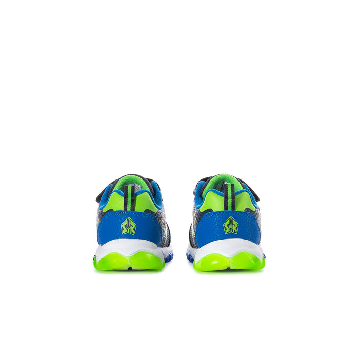 Toddler sneakers back view with blue heel, neon green collar, and bright green outsole