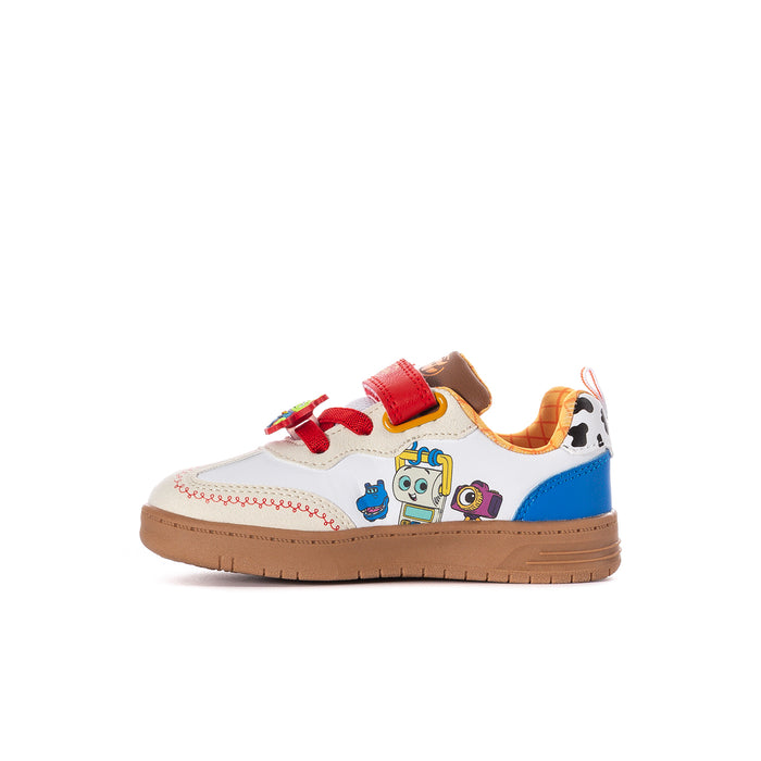 Toddler sneaker with white upper, blue side panel, red straps, and colorful character patch