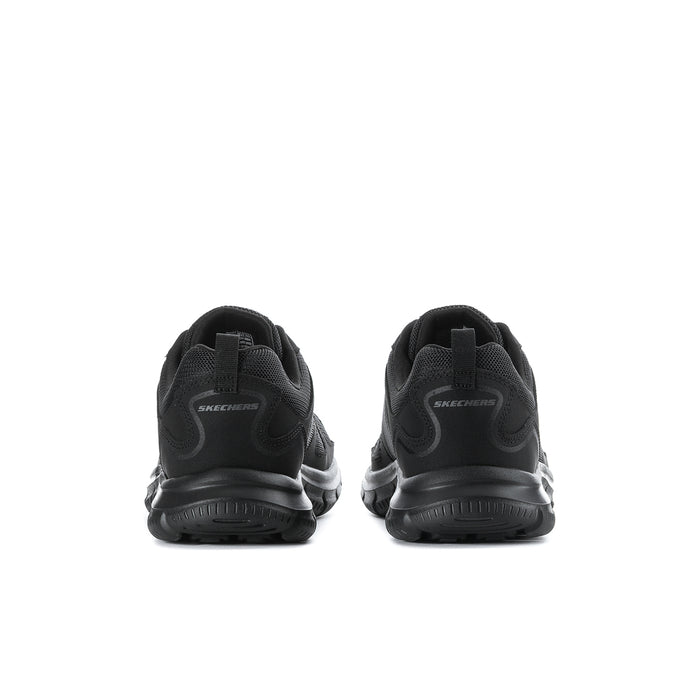 Men's black lace-up sneakers, heel and rear view with Skechers branding