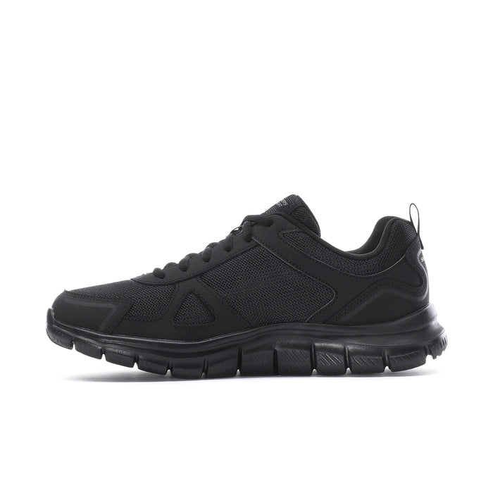 Men's black lace-up sport sneaker, front quarter view with padded collar