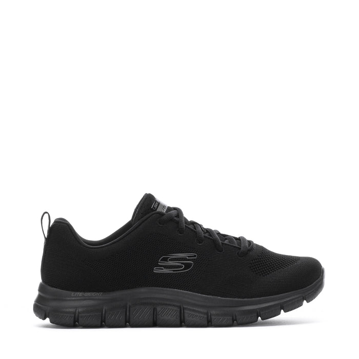 Black womens lace-up athletic sneaker with cushioned rocker sole and side logo