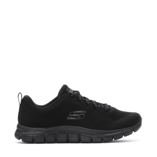Black womens lace-up athletic sneaker with cushioned rocker sole and side logo