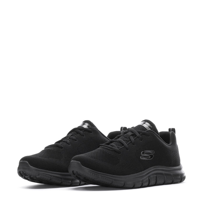 Black womens lace-up athletic sneakers, front view, low profile and padded collar