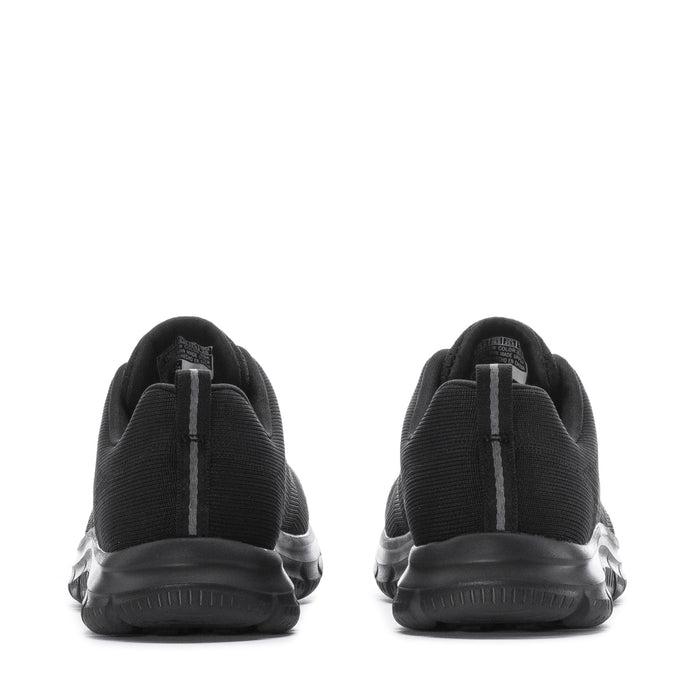 Black womens sneaker back view, padded heel with vertical stripe detail
