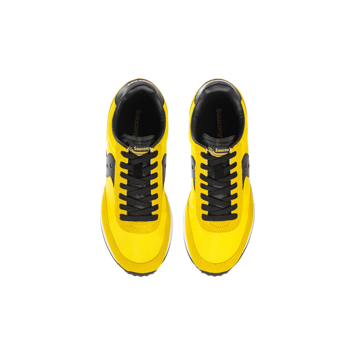 Youth lace-up sneakers, yellow uppers with black laces and white midsole, front view
