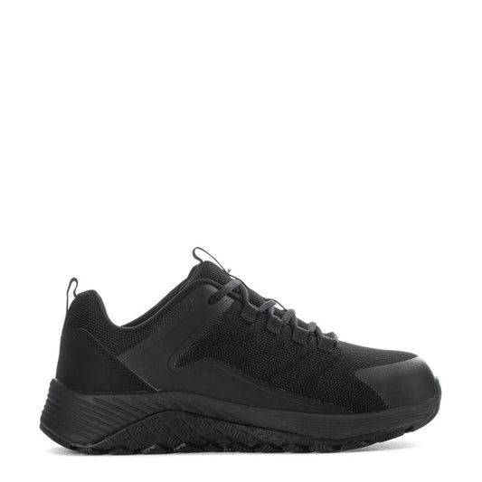 Men's black lace-up work shoe with mesh upper and textured rubber sole