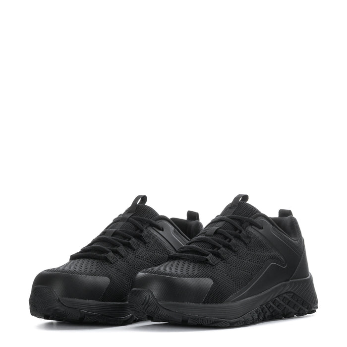 Men's black lace-up work shoe with protective toe area and rugged tread sole