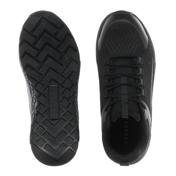Men's black lace-up work shoe outsole tread and side upper view