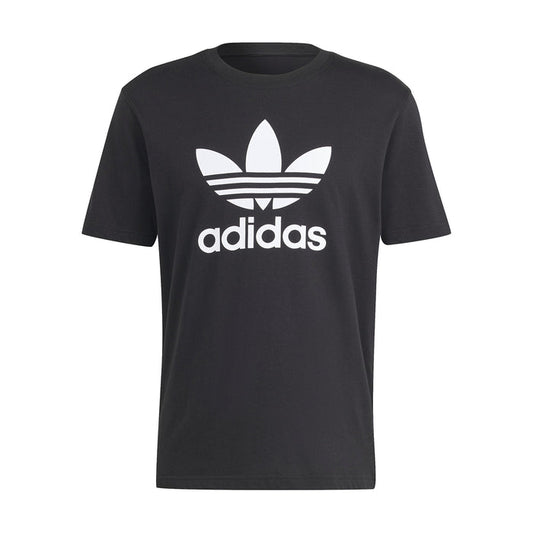 Men's black T-shirt with white adidas trefoil logo graphic, crew neck