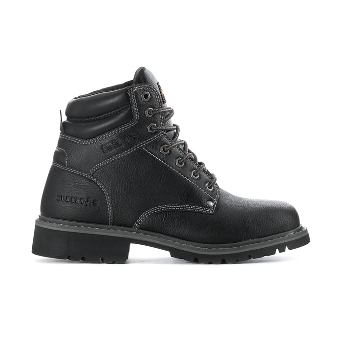 Black lace-up work boot with padded collar and side stitching