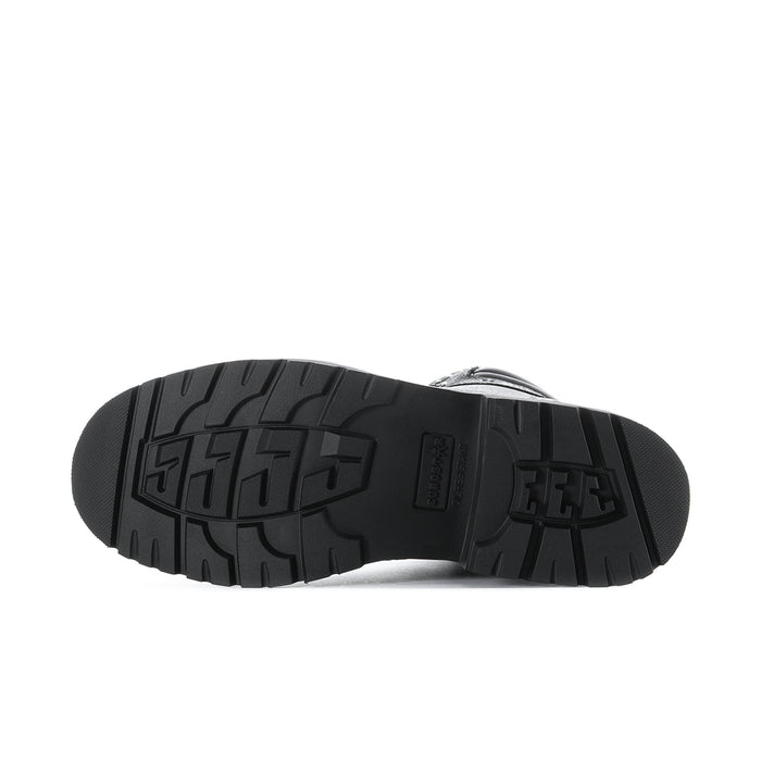 Black rubber outsole with deep tread pattern and embossed grip logo