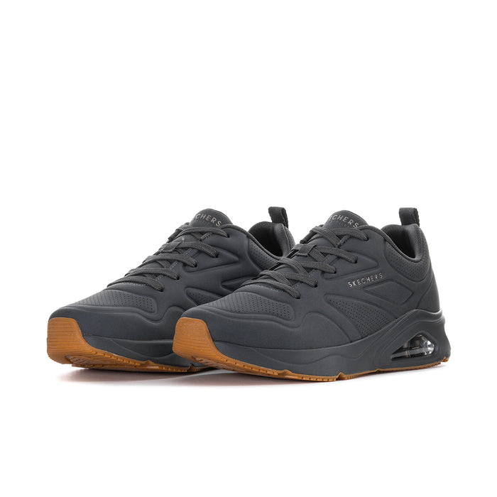 Men's dark gray lace-up sneakers with cushioned heel window and gum rubber outsole
