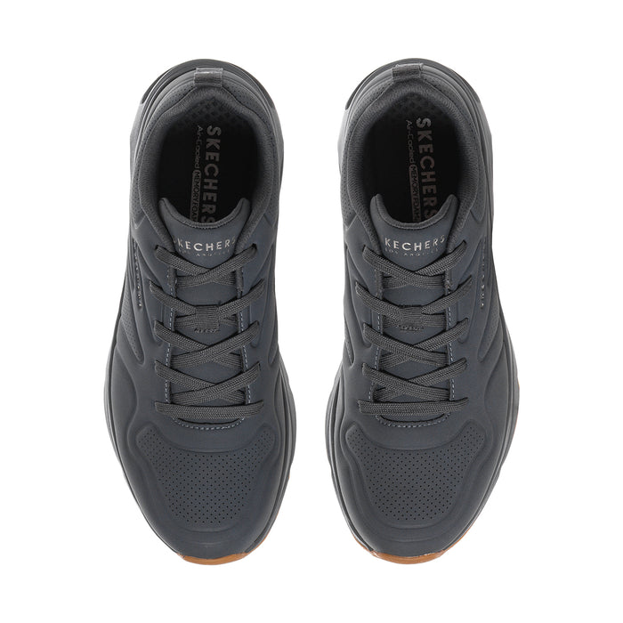 Men's dark gray lace-up sneakers, showing padded collars and mesh-lined tongue