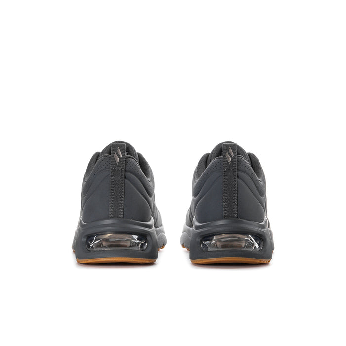 Men's dark gray sneakers from heel view with air-cushioned rear window
