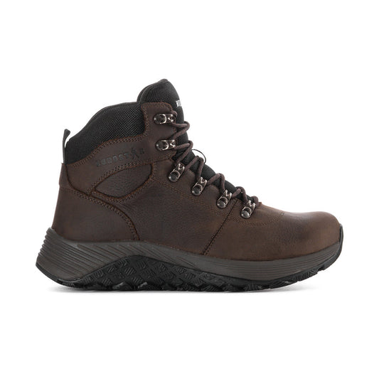 Dark brown men's mid hiking boots with lace-up and padded collar