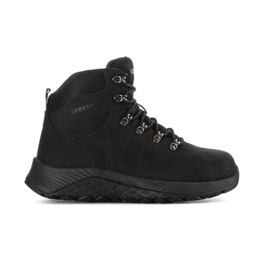 Black men’s lace-up high-top work boot with padded collar and metal eyelets