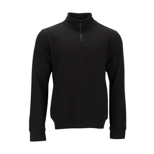 Men's black half-zip pullover sweatshirt, stand collar, ribbed cuffs and hem
