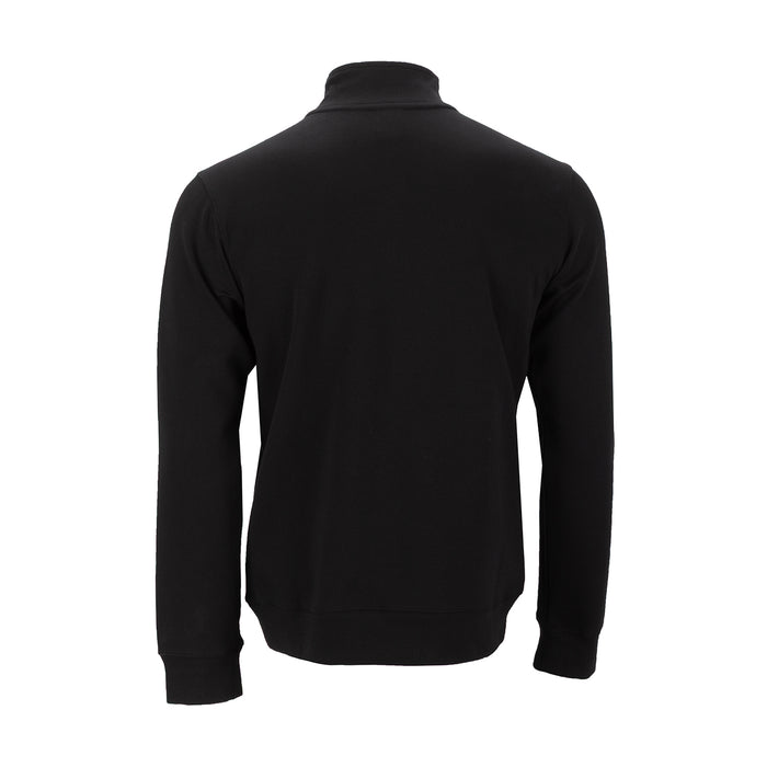 Men's black pullover sweatshirt, stand collar, ribbed cuffs, back view