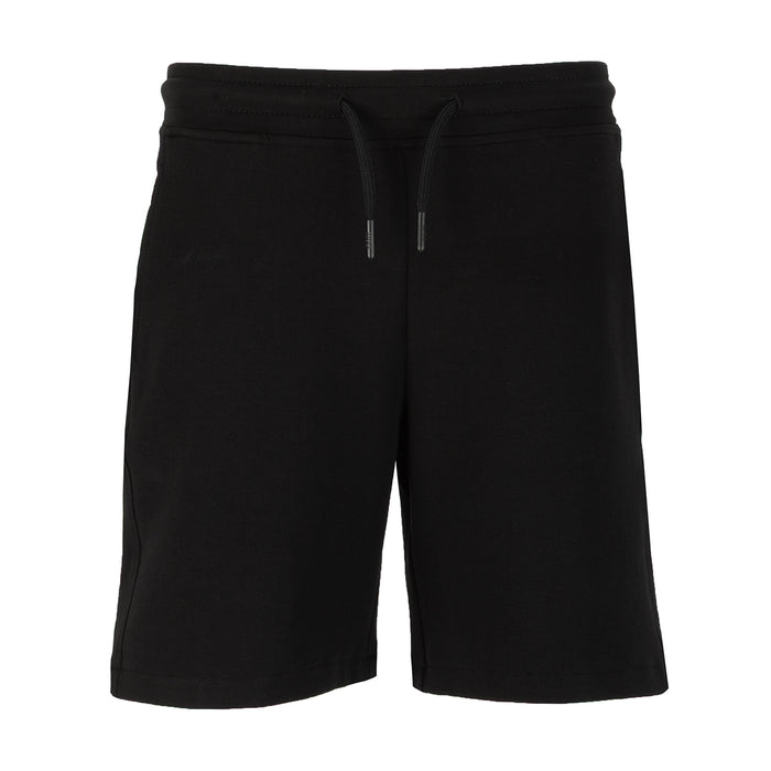Youth black athletic shorts with elastic waistband and drawstring front