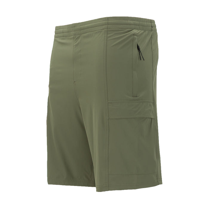 Men's woven cargo shorts, olive green side pocket and drawstring detail