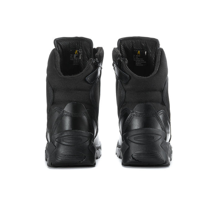Men's black 6-inch tactical boots heel view with pull tab and cushioned back