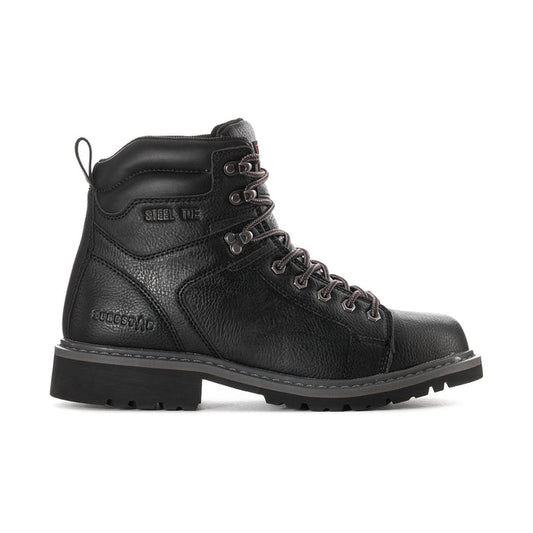 Men's wide steel toe work boots, black leather, lace-up with padded collar