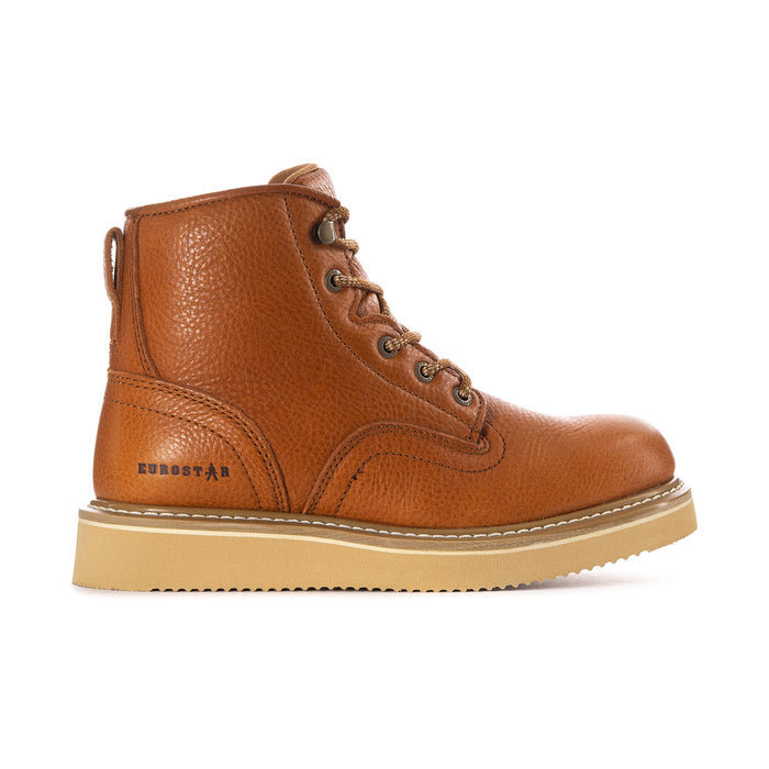 Men’s brown leather high-top lace-up boot with padded collar and light sole