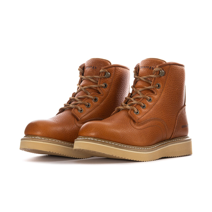 Pair of men’s brown leather high-top lace-up boots with padded collars and light soles